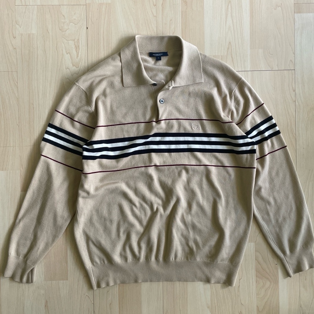 Burberry Beige Crewneck Polo Sweater with Black & White Stripes